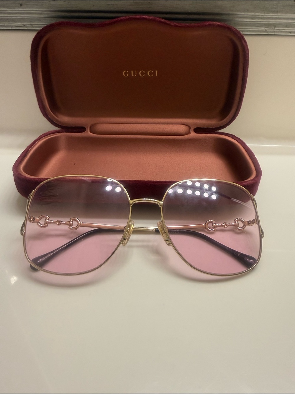 Authentic. 
Gucci Pink Gradient Lens Gold Frame Women’s Sunglasses.